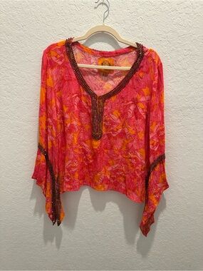 Coniglio Palm Beach Boho Beaded V-Neck Tunic style Top in Pink and Orange